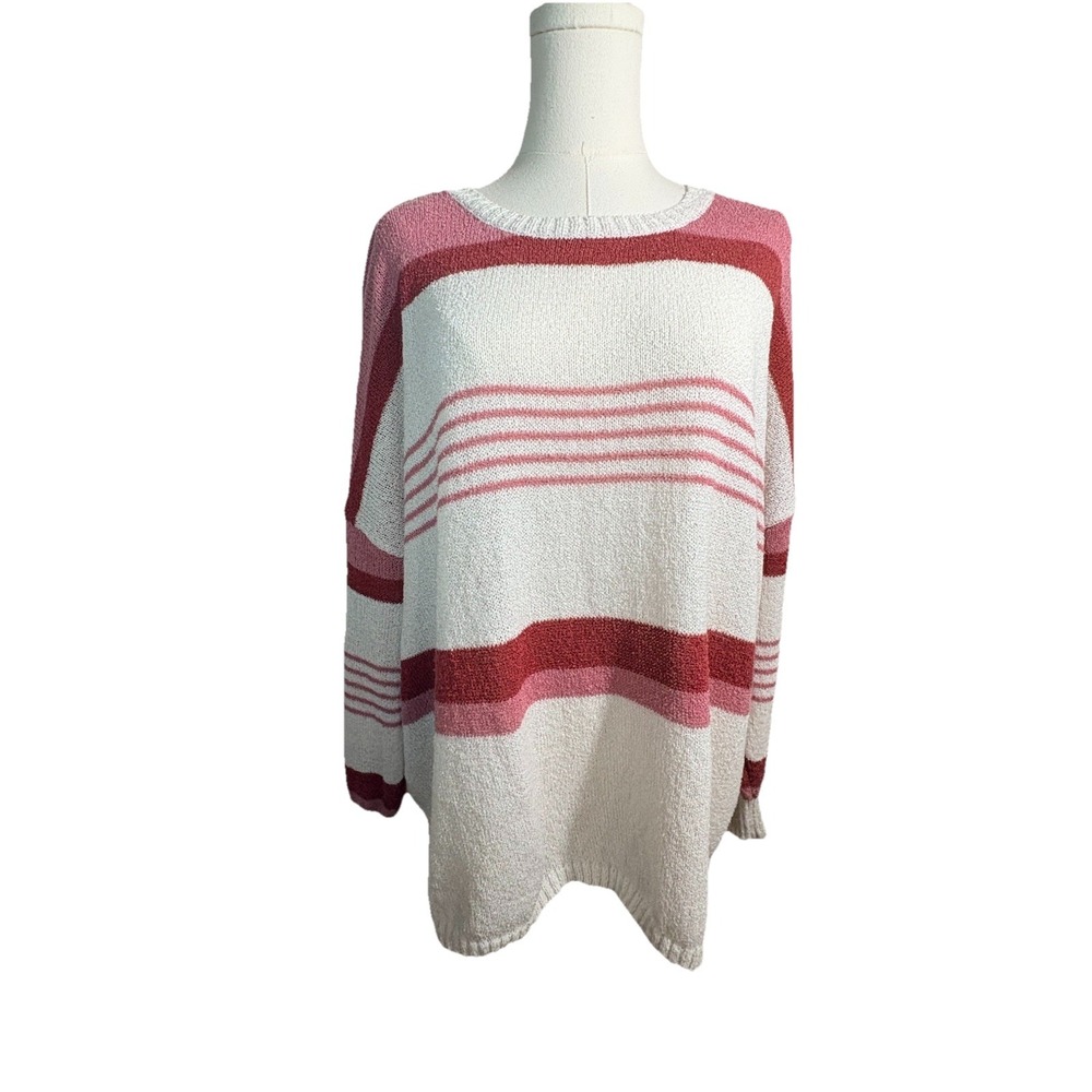 La Miel Women's Pink White Striped Oversized Knit Sweater Size M Casual Chic